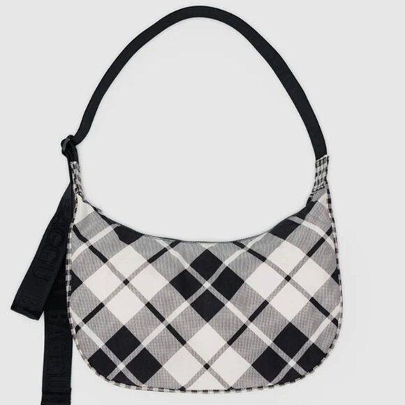 NWT BAGGU Medium Nylon Crescent Bag MIXED PLAID - Picture 1 of 1